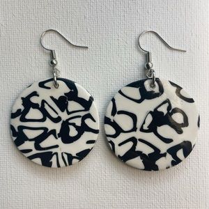 Handmade Black and White Mottled Polymer Clay Large Dangle Earrings